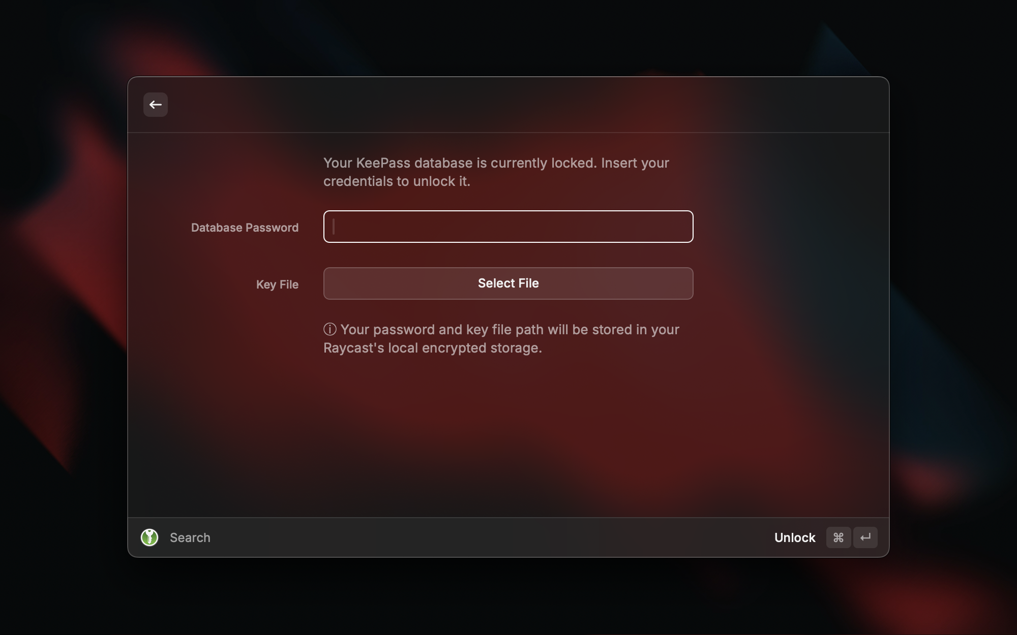 The kdbx database's credentials will be saved in Vicinae's local encrypted storage!